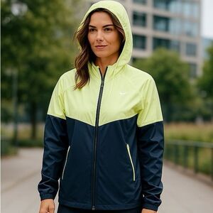 Nike Running Jacket Womens Size Medium Black and Yellow Hooded Windbreaker